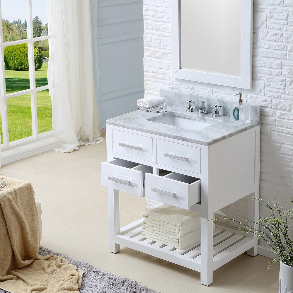 Madalyn 30" Solid White Single Sink Vanity With Framed Mirror And Faucet Vanity Water Creation 