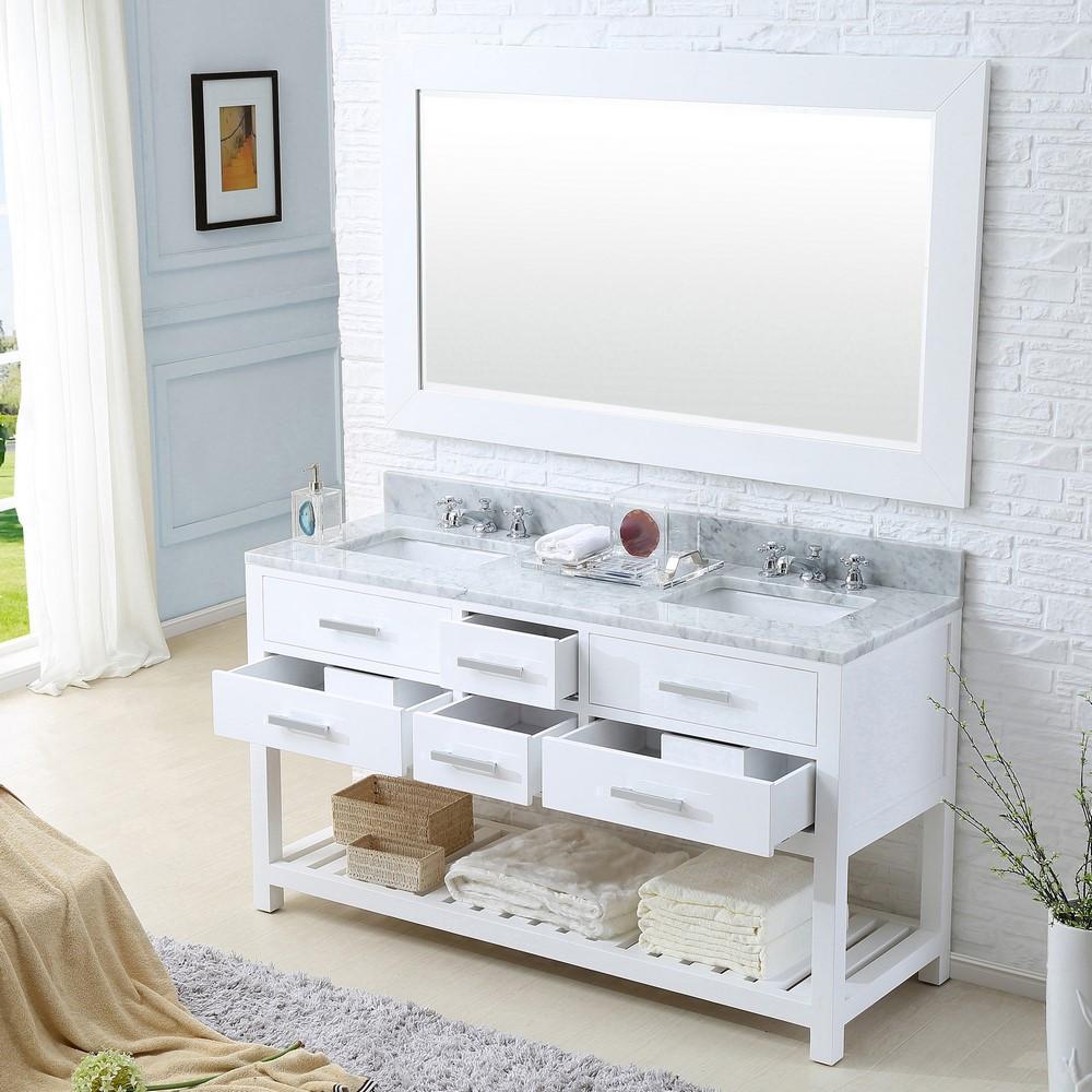 Madalyn 60" Solid White Double Sink Vanity With Framed Mirror And Faucet Vanity Water Creation 