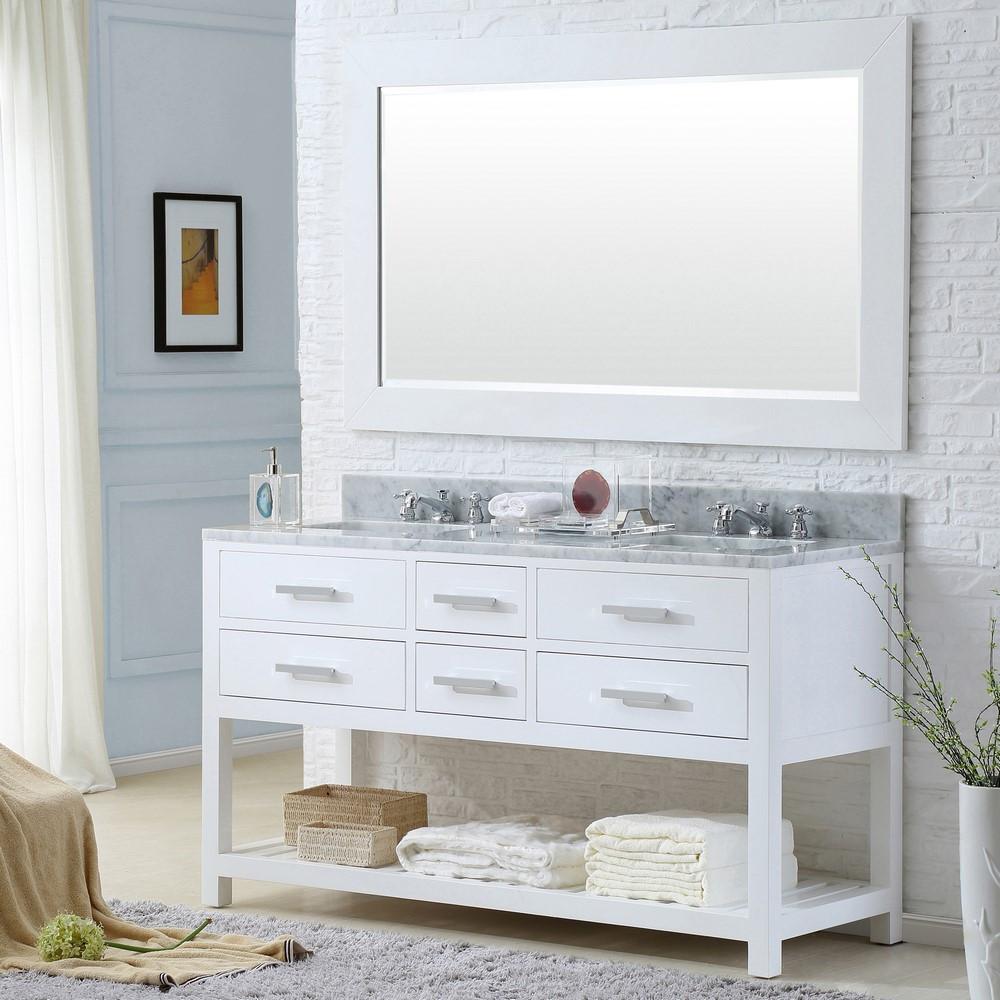 Madalyn 60" Solid White Double Sink Bathroom Vanity With Matching Framed Mirror Vanity Water Creation 