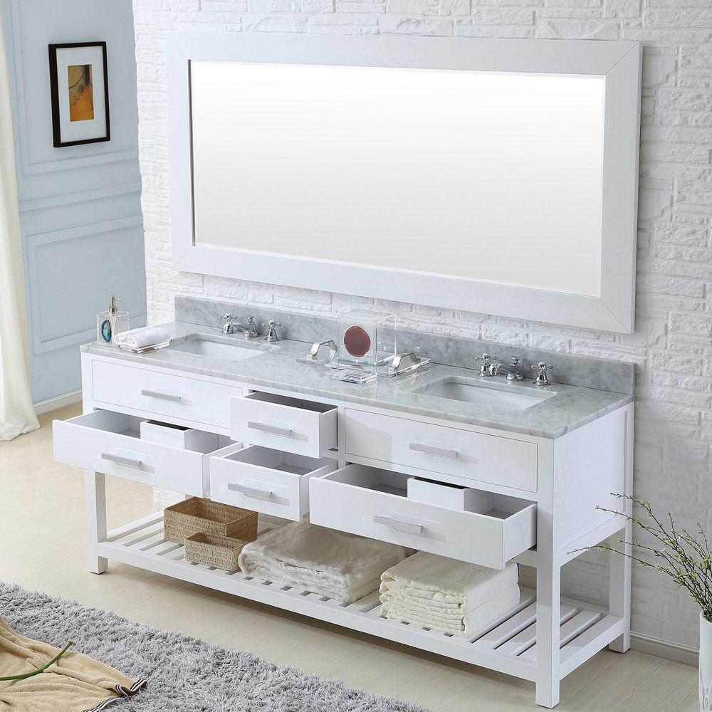 Madalyn 72" Solid White Double Sink Vanity With Matching Large Framed Mirror Vanity Water Creation 