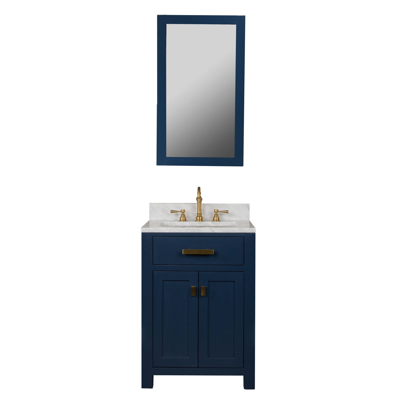 Madison 24-Inch Single Sink Carrara White Marble Vanity In Monarch Blue With Matching Mirror Vanity Water Creation 