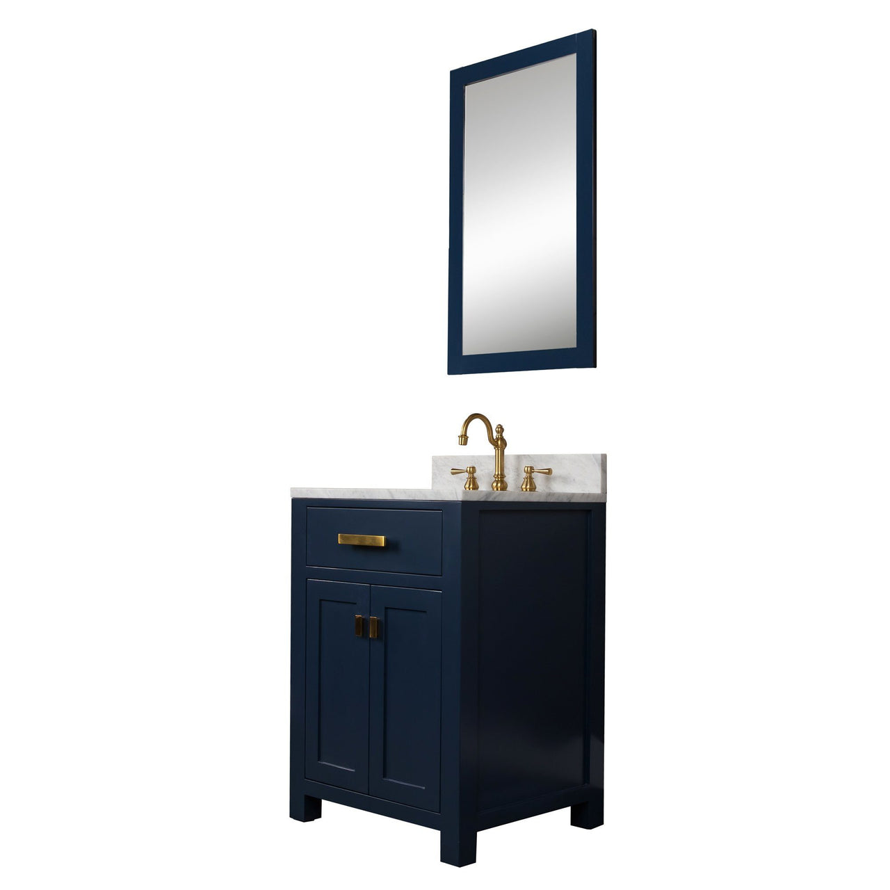 Madison 24-Inch Single Sink Carrara White Marble Vanity In Monarch Blue With Matching Mirror Vanity Water Creation 