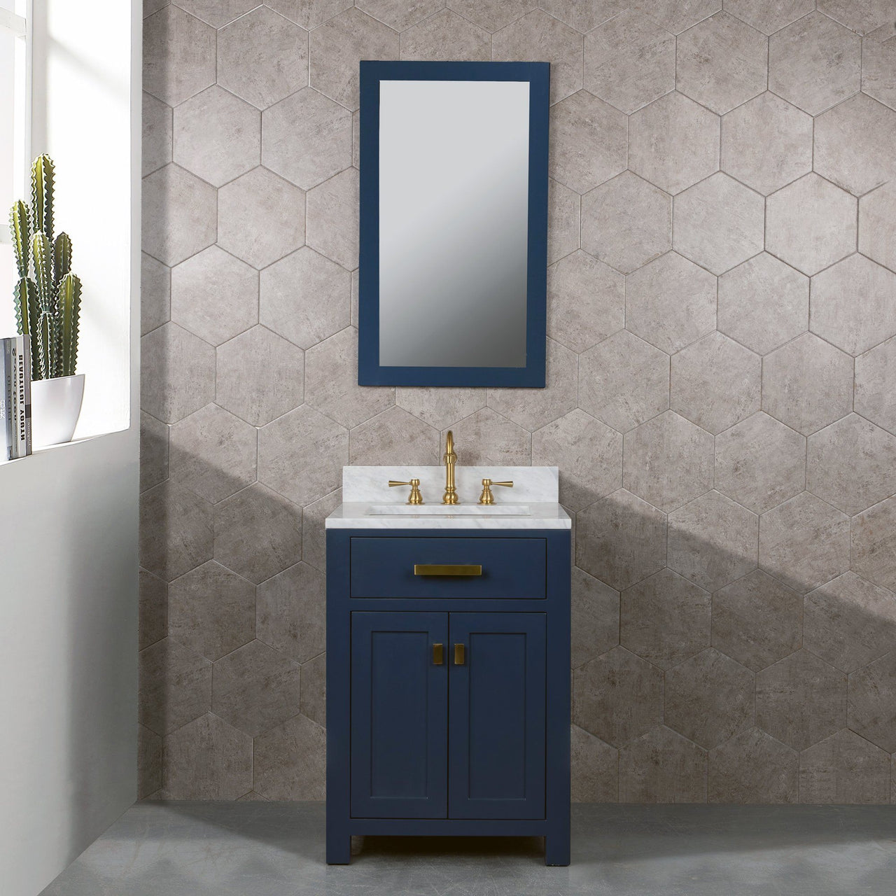 Madison 24-Inch Single Sink Carrara White Marble Vanity In Monarch Blue With Matching Mirror Vanity Water Creation 