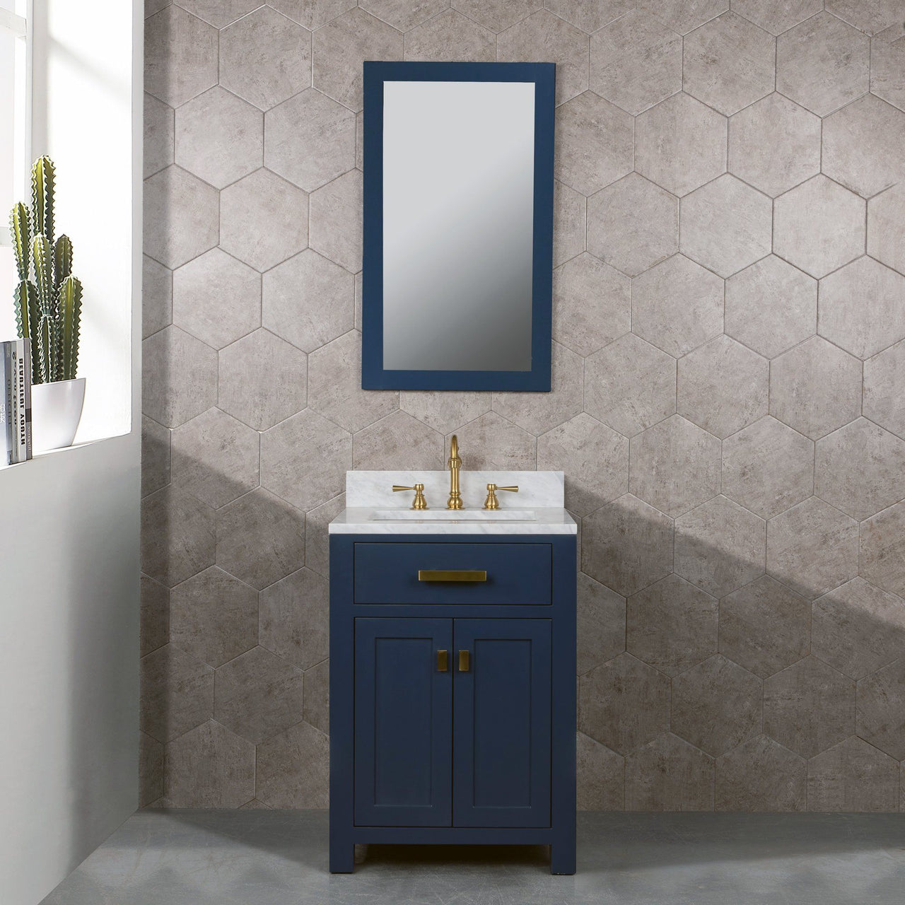 Madison 24-Inch Single Sink Carrara White Marble Vanity In Monarch Blue With Matching Mirror Vanity Water Creation 