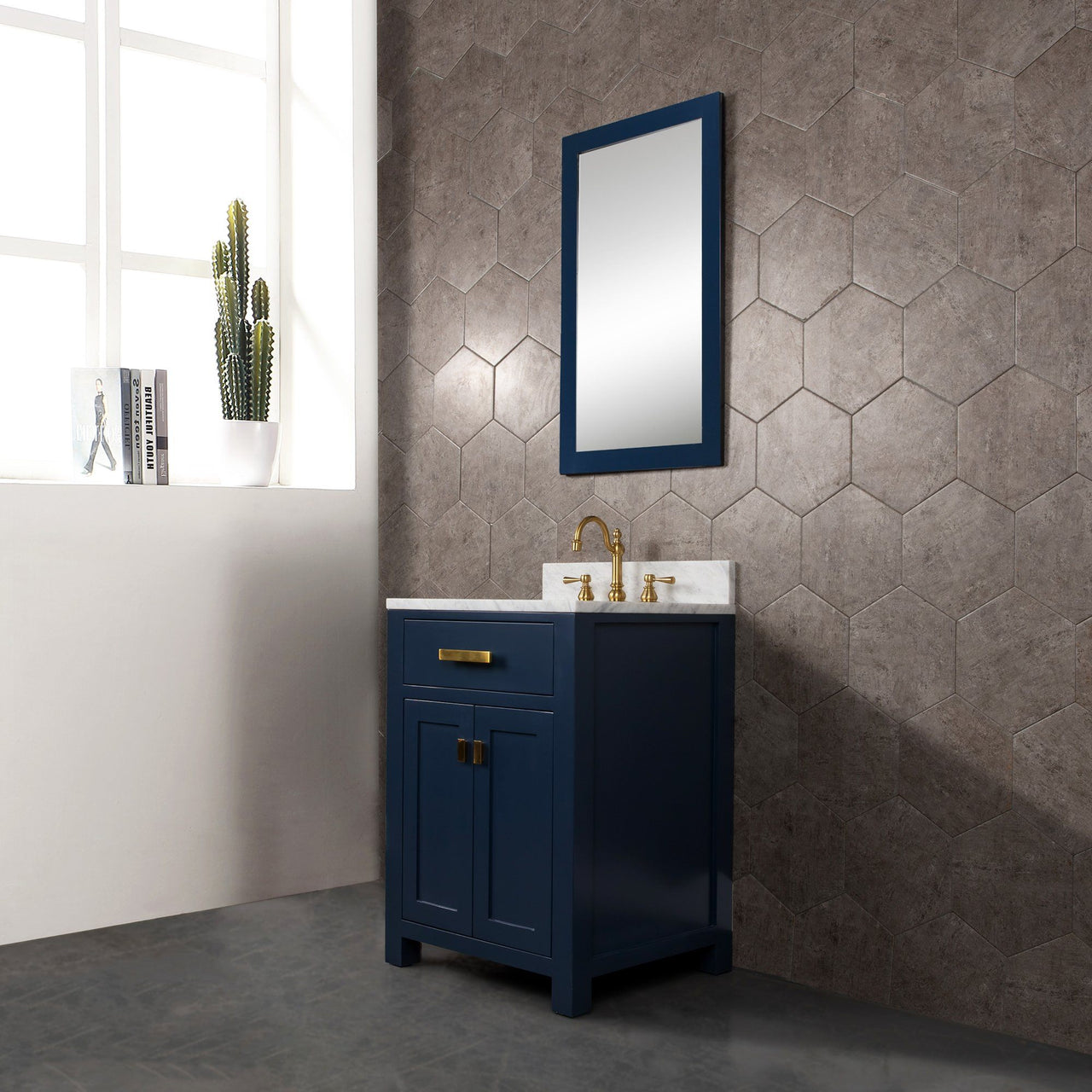 Madison 24-Inch Single Sink Carrara White Marble Vanity In Monarch Blue With Matching Mirror Vanity Water Creation 
