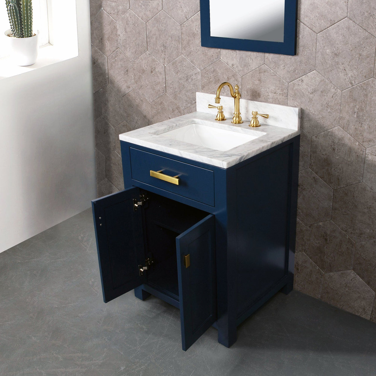 Madison 24-Inch Single Sink Carrara White Marble Vanity In Monarch Blue With Matching Mirror and F2-0012-06-TL Lavatory Faucet Vanity Water Creation 
