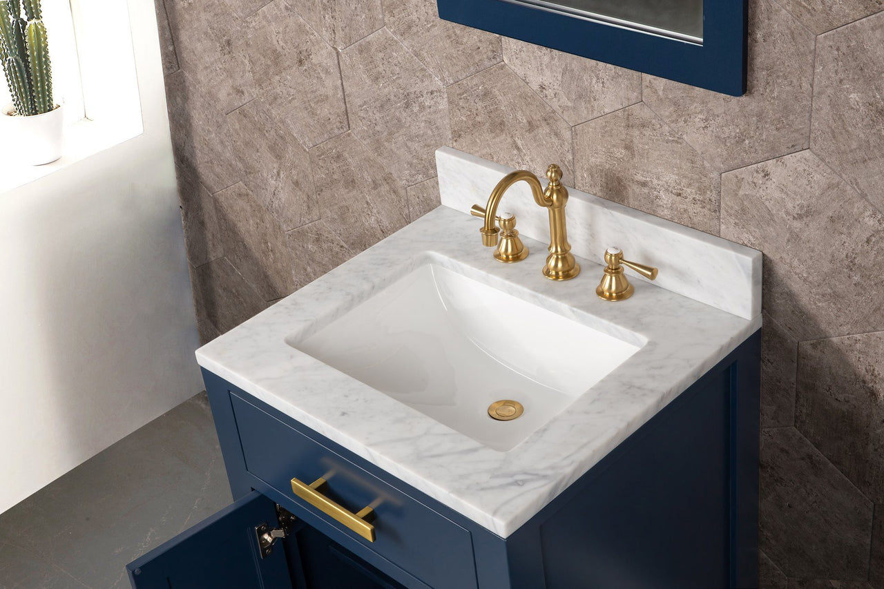 Madison 24-Inch Single Sink Carrara White Marble Vanity In Monarch Blue With Matching Mirror Vanity Water Creation 