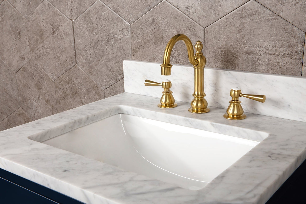 Madison 24-Inch Single Sink Carrara White Marble Vanity In Monarch Blue With Matching Mirror Vanity Water Creation 