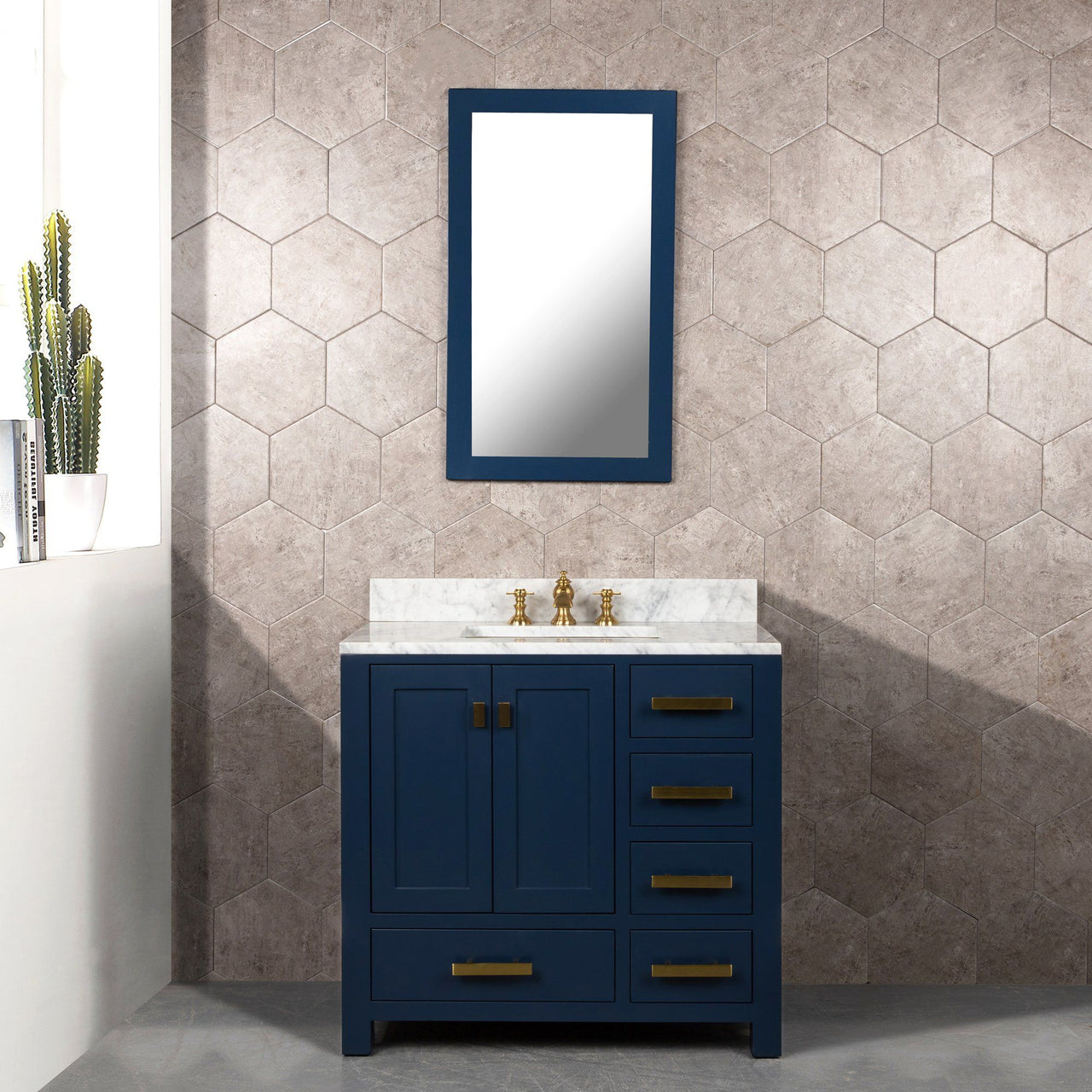 Madison 36-Inch Single Sink Carrara White Marble Vanity In Monarch Blue With Matching Mirror and F2-0013-06-FX Lavatory Faucet Vanity Water Creation 