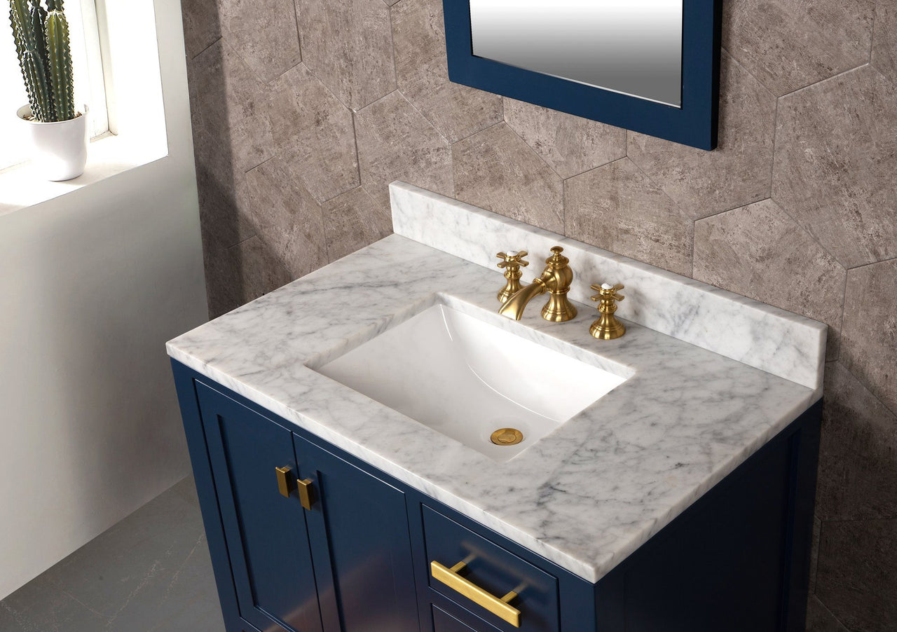 Madison 36-Inch Single Sink Carrara White Marble Vanity In Monarch Blue With F2-0013-06-FX Lavatory Faucet Vanity Water Creation 