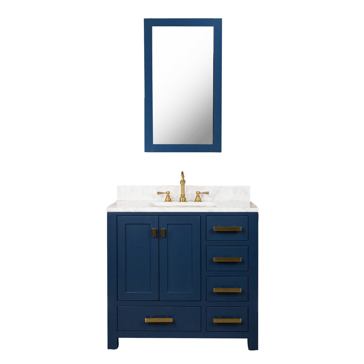 Madison 36-Inch Single Sink Carrara White Marble Vanity In Monarch Blue With F2-0012-06-TL Lavatory Faucet Vanity Water Creation 