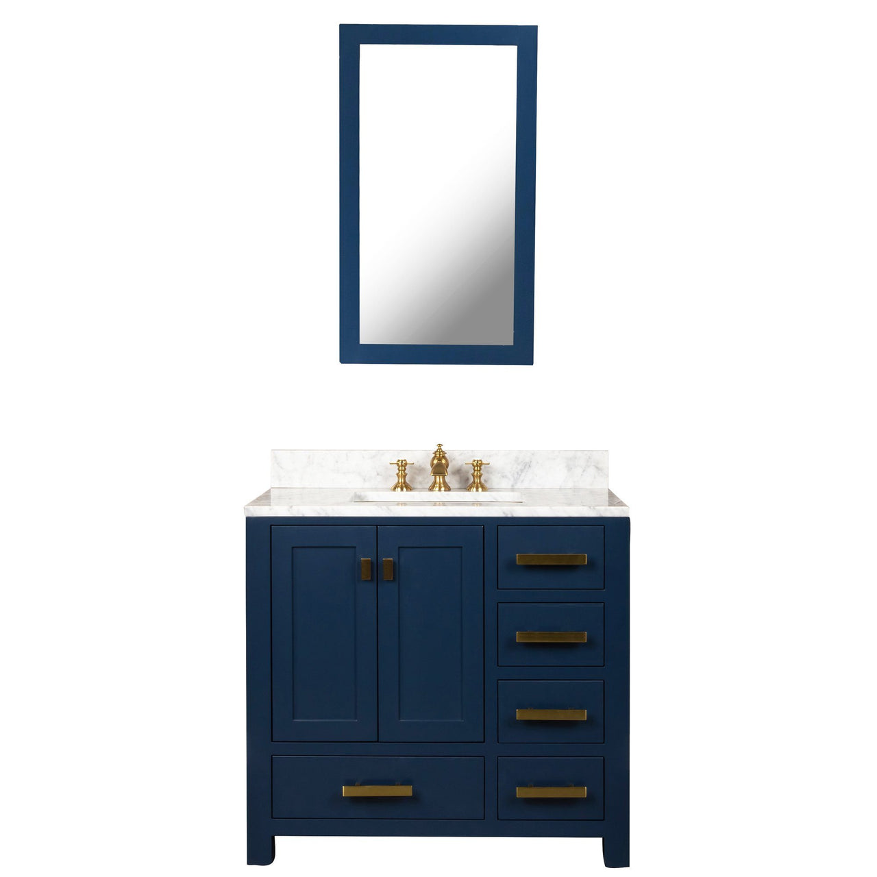 Madison 36-Inch Single Sink Carrara White Marble Vanity In Monarch Blue With Matching Mirror and F2-0013-06-FX Lavatory Faucet Vanity Water Creation 