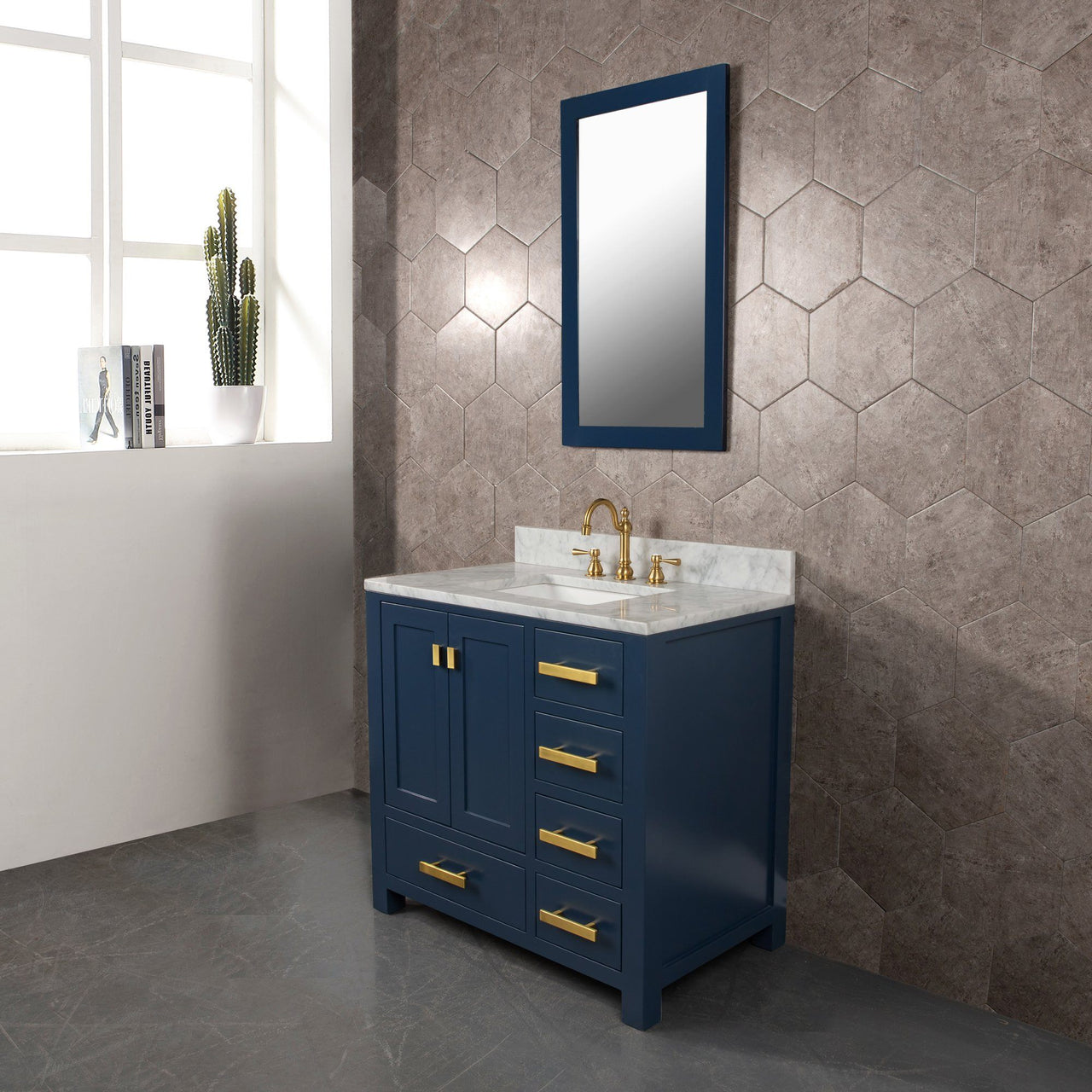 Madison 36-Inch Single Sink Carrara White Marble Vanity In Monarch Blue With Matching Mirror Vanity Water Creation 
