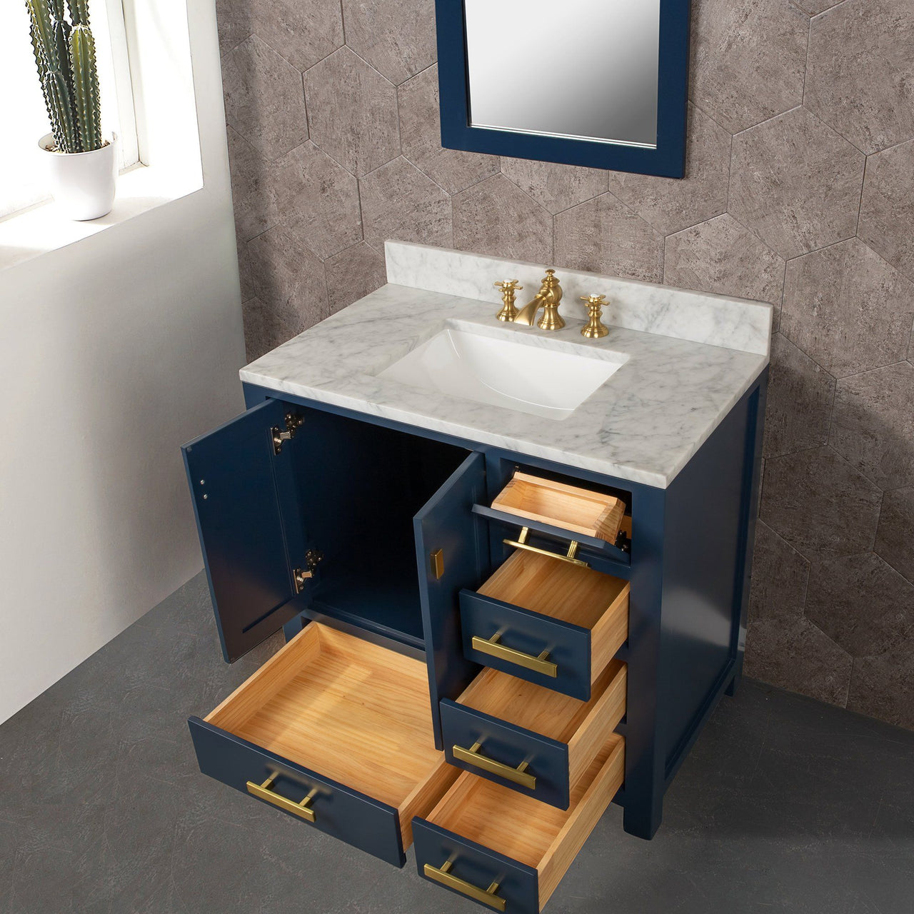 Madison 36-Inch Single Sink Carrara White Marble Vanity In Monarch Blue Vanity Water Creation 