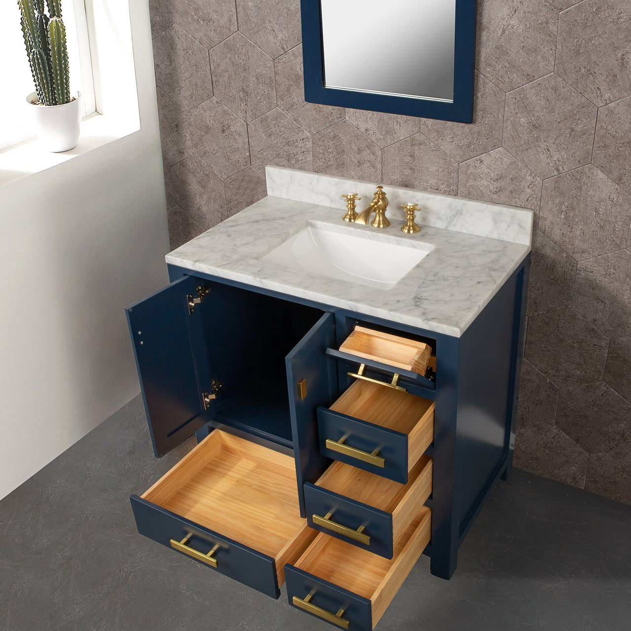 Madison 36-Inch Single Sink Carrara White Marble Vanity In Monarch Blue With Matching Mirror Vanity Water Creation 