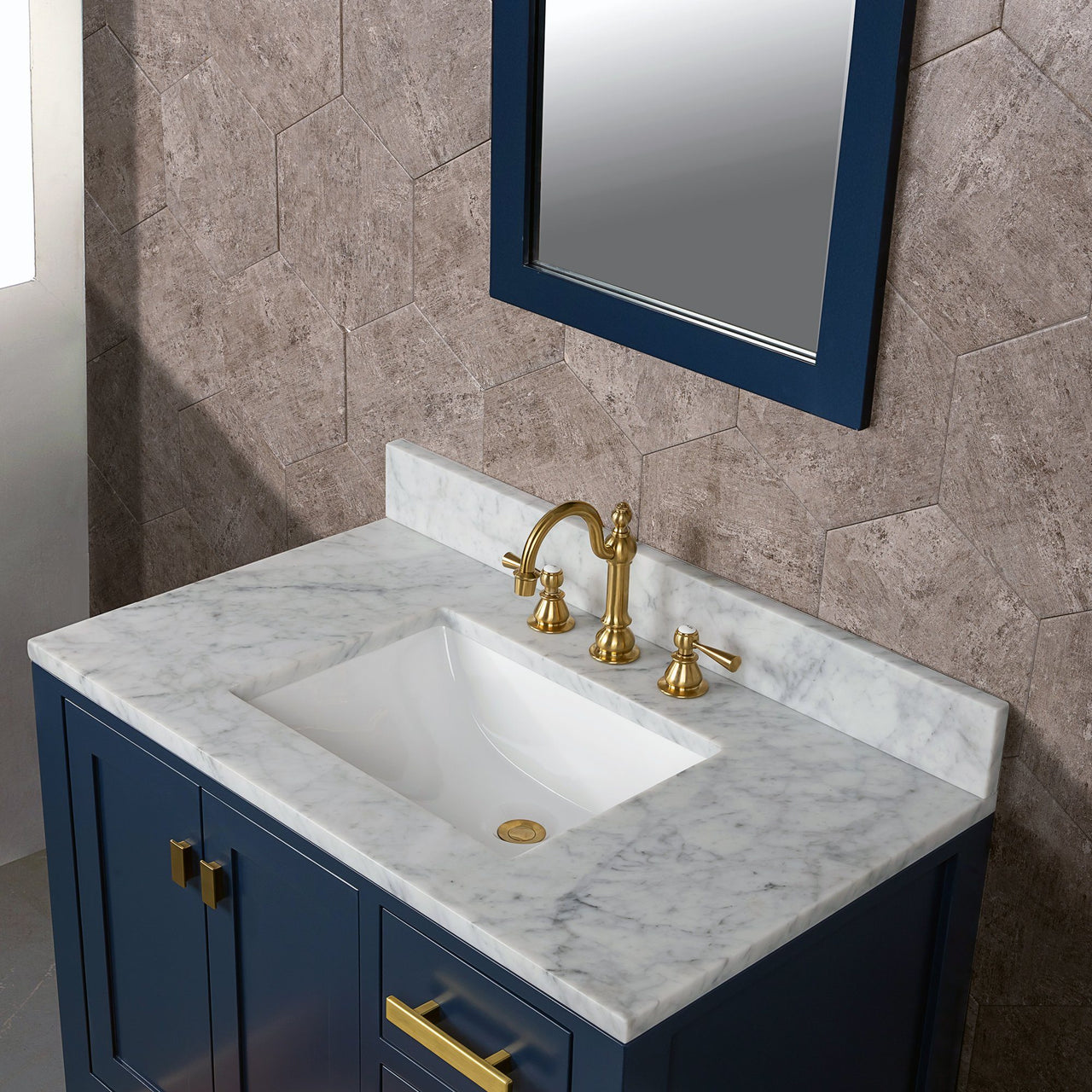 Madison 36-Inch Single Sink Carrara White Marble Vanity In Monarch Blue Vanity Water Creation 