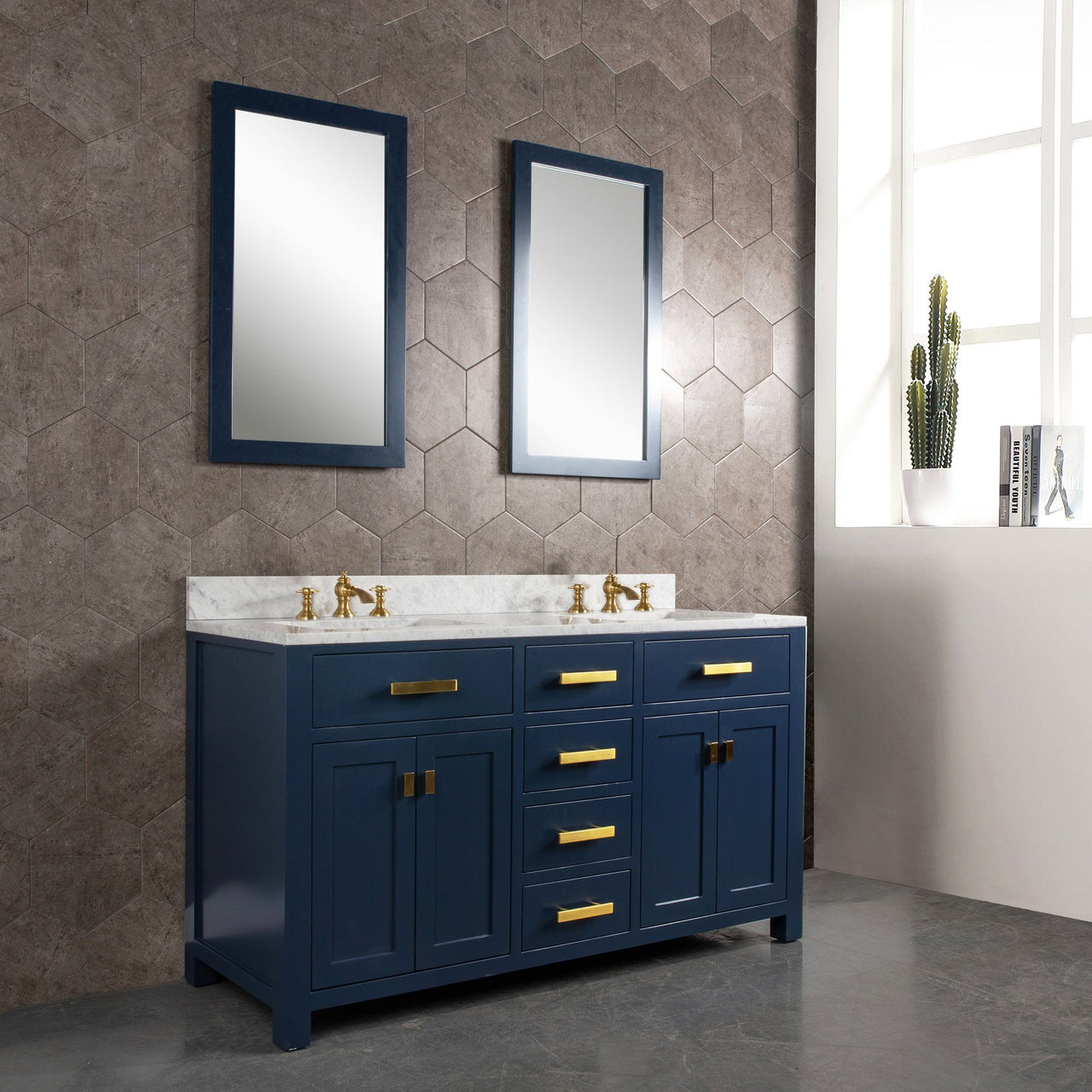 Madison 60-Inch Double Sink Carrara White Marble Vanity In Monarch BlueWith Matching Mirror(s) and F2-0013-06-FX Lavatory Faucet(s) Vanity Water Creation 