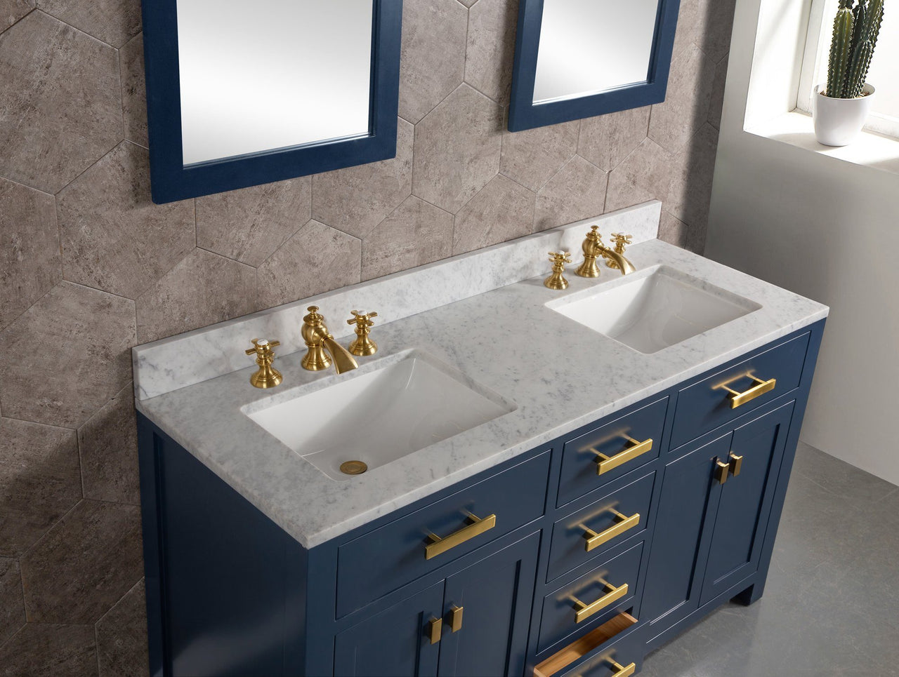 Madison 60-Inch Double Sink Carrara White Marble Vanity In Monarch BlueWith Matching Mirror(s) and F2-0013-06-FX Lavatory Faucet(s) Vanity Water Creation 