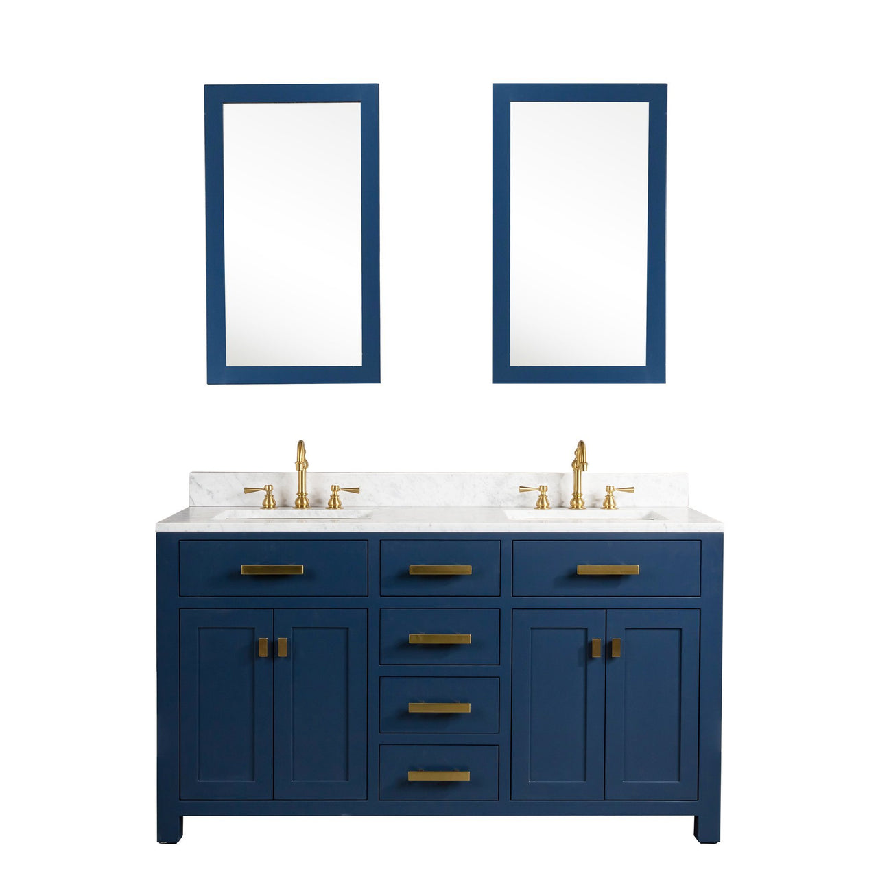 Madison 60-Inch Double Sink Carrara White Marble Vanity In Monarch BlueWith Matching Mirror(s) Vanity Water Creation 