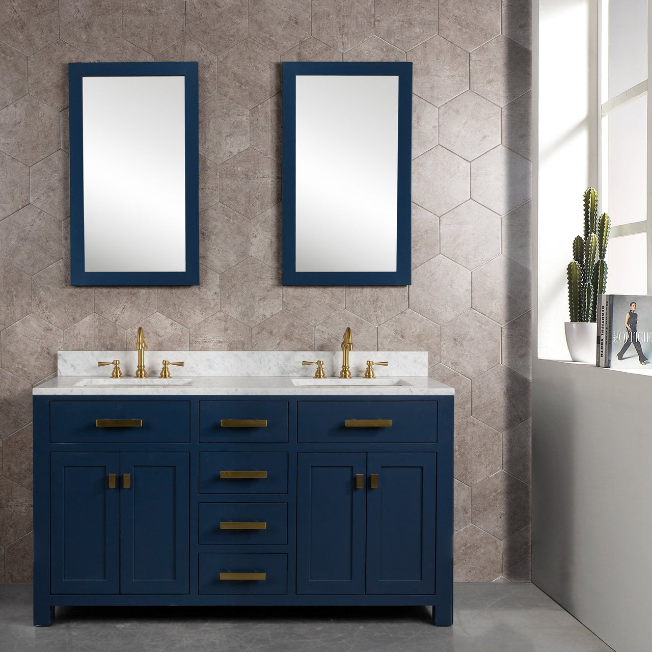 Madison 60-Inch Double Sink Carrara White Marble Vanity In Monarch BlueWith F2-0012-06-TL Lavatory Faucet(s) Vanity Water Creation 