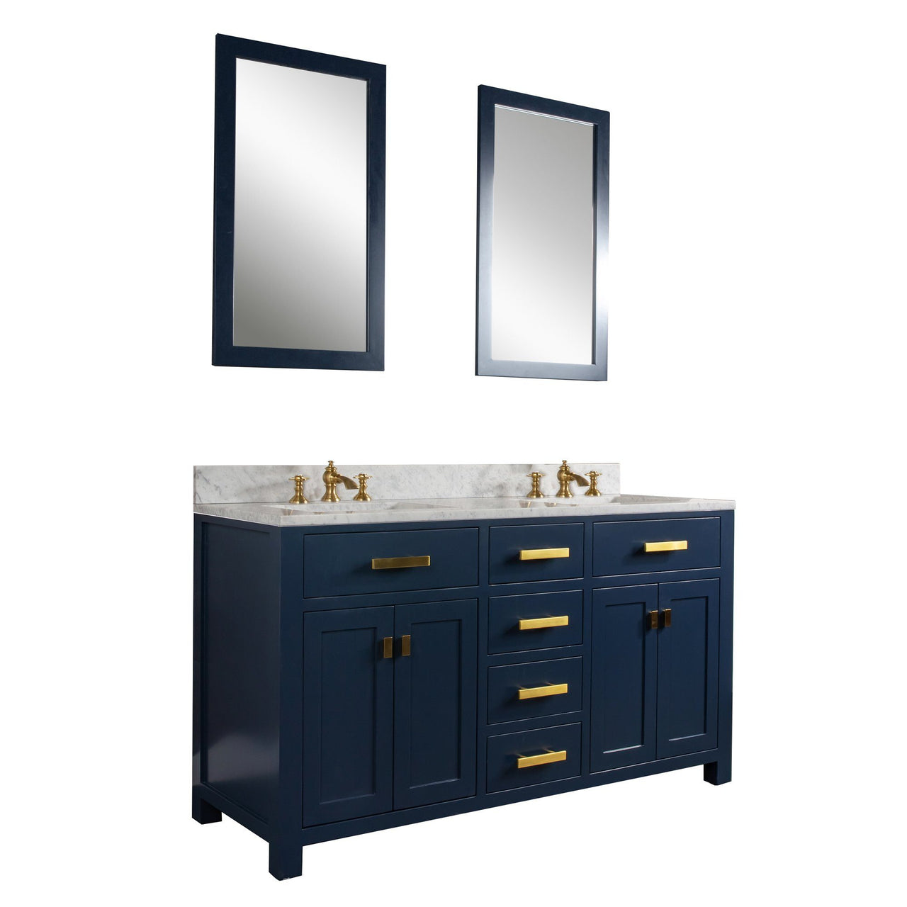 Madison 60-Inch Double Sink Carrara White Marble Vanity In Monarch BlueWith F2-0013-06-FX Lavatory Faucet(s) Vanity Water Creation 