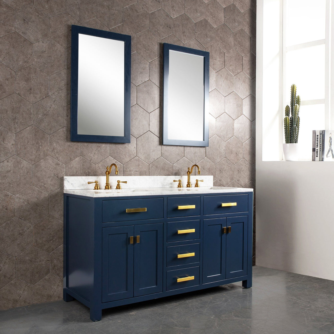 Madison 60-Inch Double Sink Carrara White Marble Vanity In Monarch Blue Vanity Water Creation 