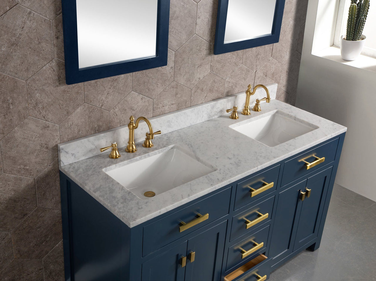 Madison 60-Inch Double Sink Carrara White Marble Vanity In Monarch Blue Vanity Water Creation 