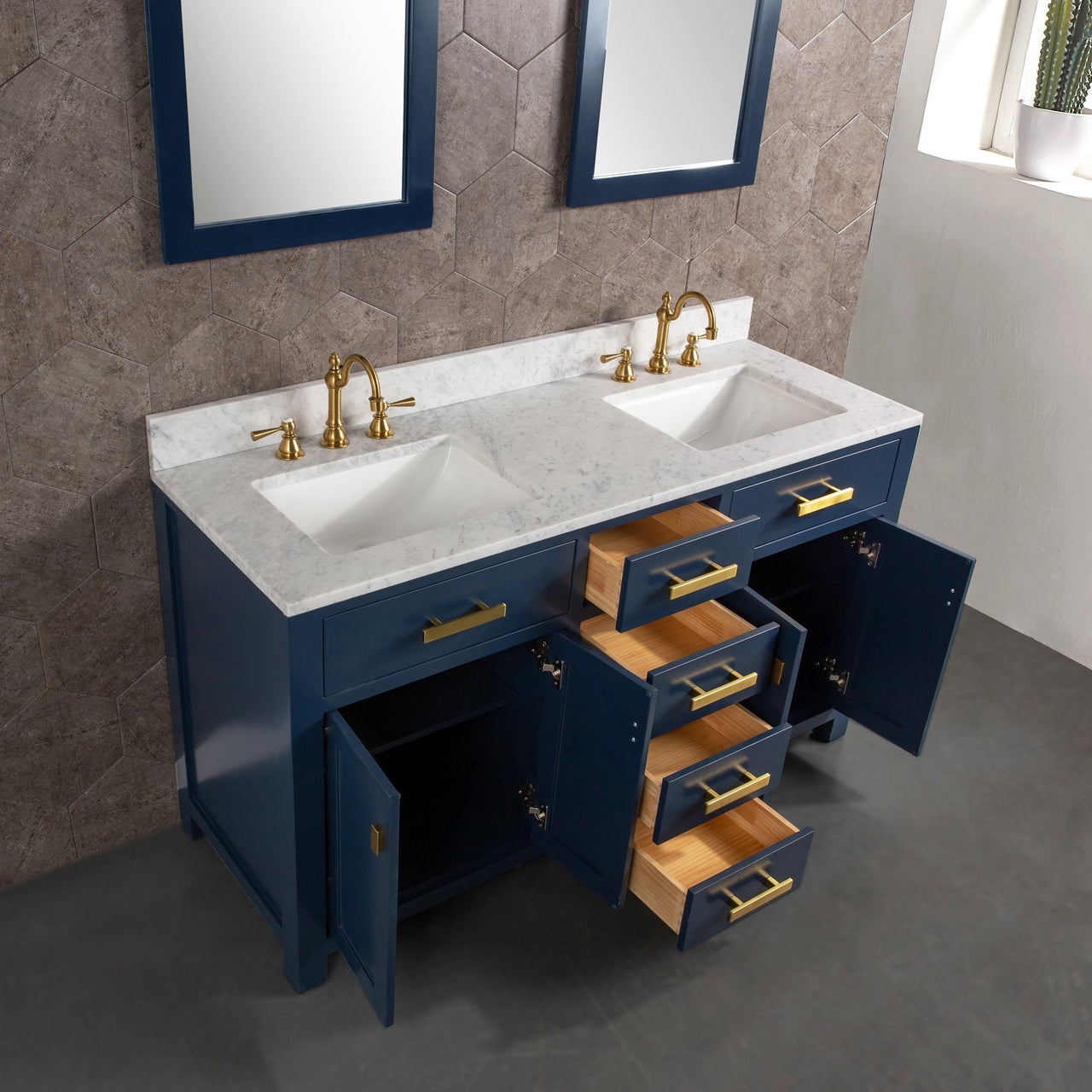 Madison 60-Inch Double Sink Carrara White Marble Vanity In Monarch BlueWith Matching Mirror(s) and F2-0012-06-TL Lavatory Faucet(s) Vanity Water Creation 
