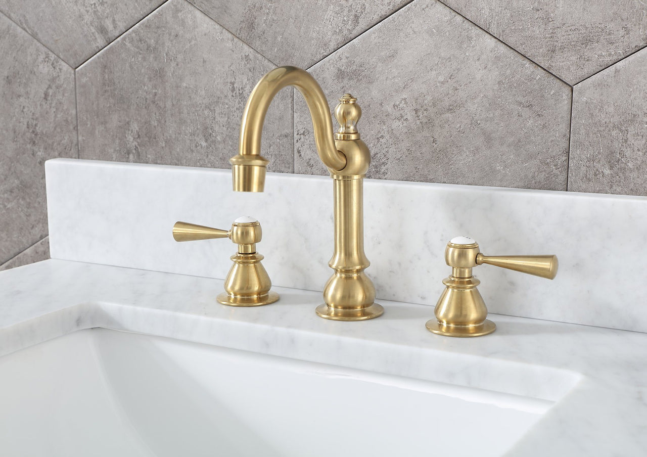 Madison 60-Inch Double Sink Carrara White Marble Vanity In Monarch BlueWith F2-0012-06-TL Lavatory Faucet(s) Vanity Water Creation 