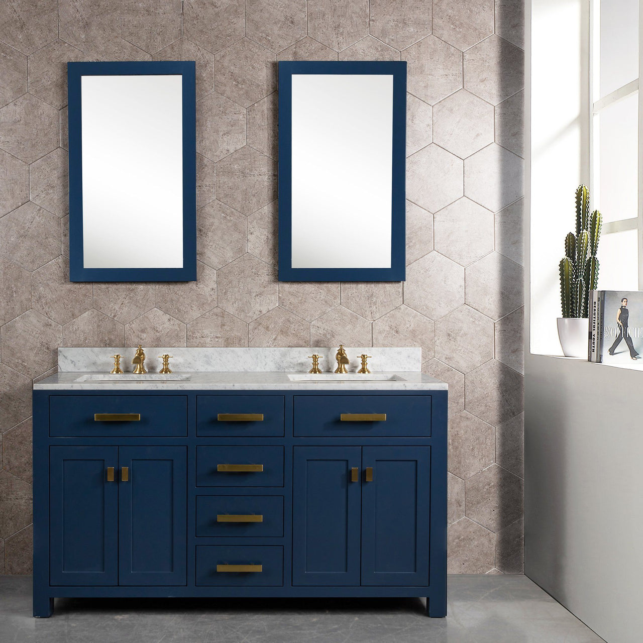 Madison 60-Inch Double Sink Carrara White Marble Vanity In Monarch BlueWith F2-0013-06-FX Lavatory Faucet(s) Vanity Water Creation 
