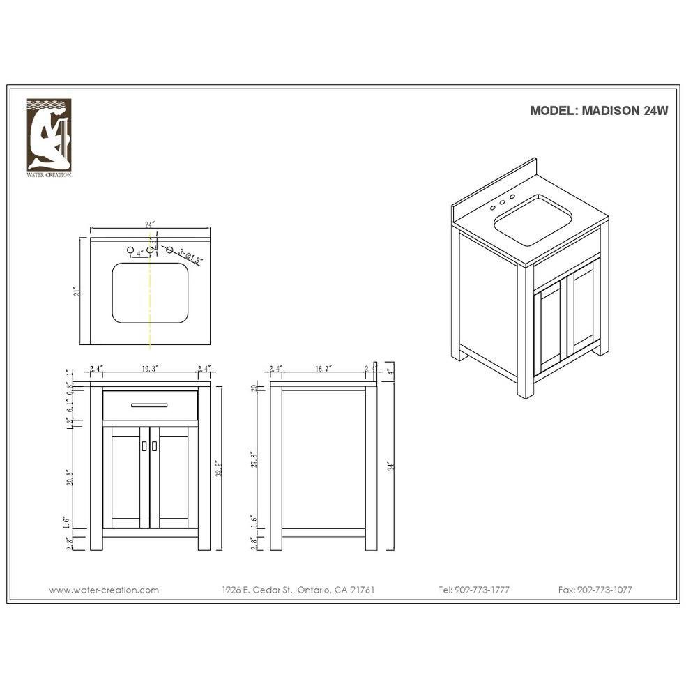 Madison 24" Solid White Single Sink Bathroom Vanity Only Vanity Water Creation 