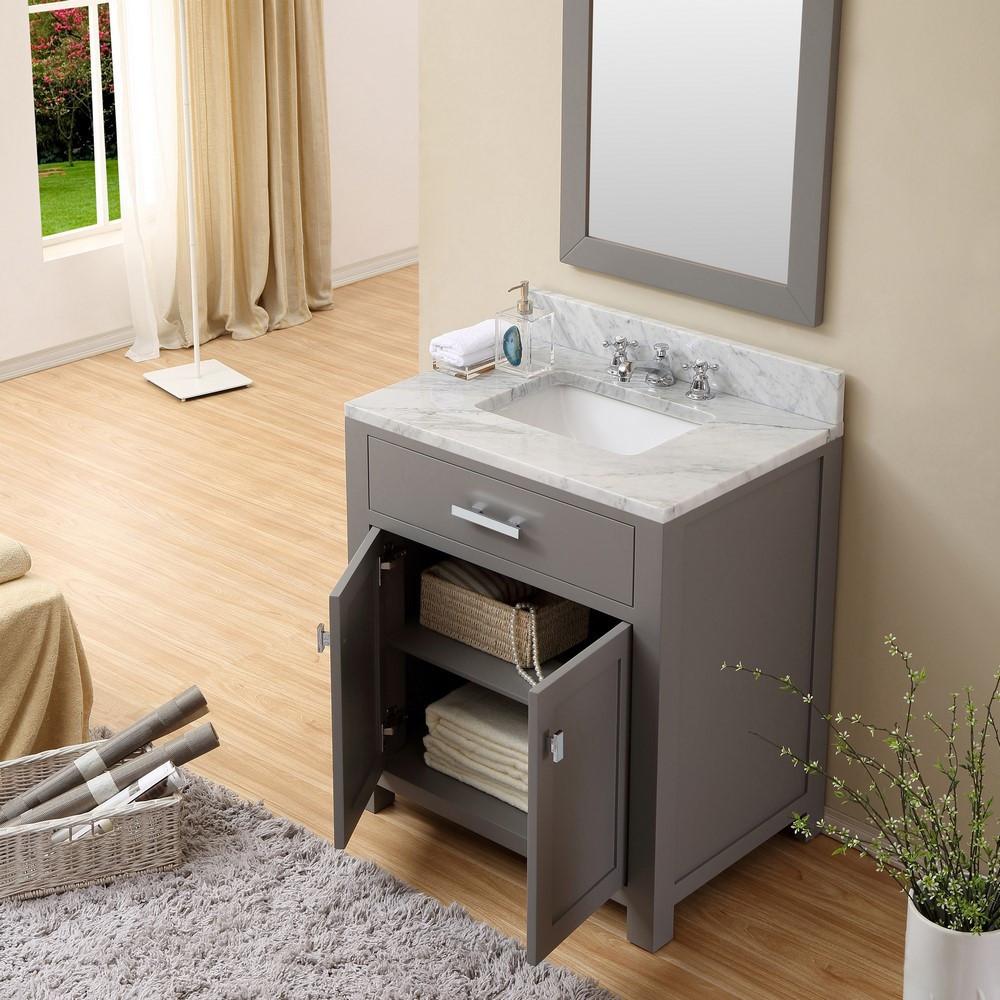 Madison 30" Cashmere Grey Single Sink Vanity With Framed Mirror And Faucet Vanity Water Creation 