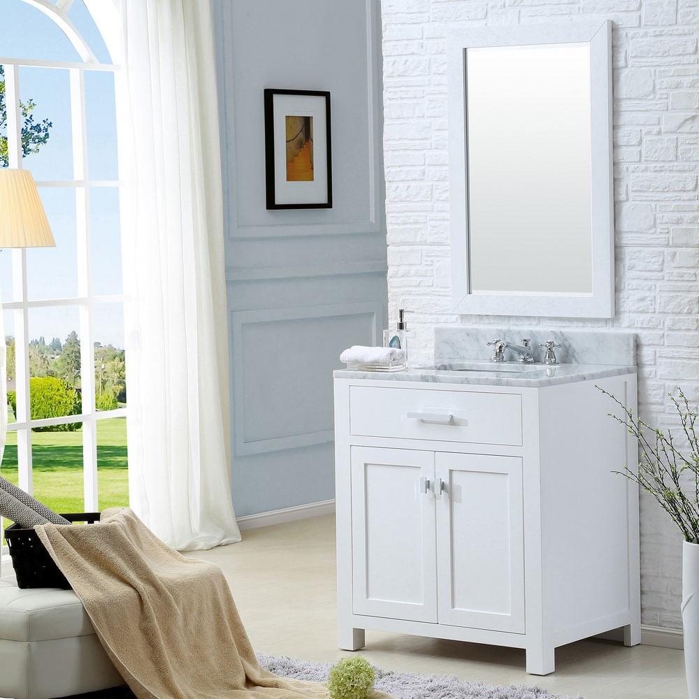 Madison 30" Solid White Single Sink Vanity With Framed Mirror And Faucet Vanity Water Creation 