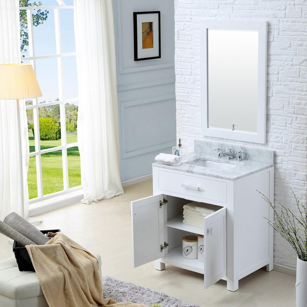 Madison 30" Solid White Single Sink Vanity With Framed Mirror And Faucet Vanity Water Creation 