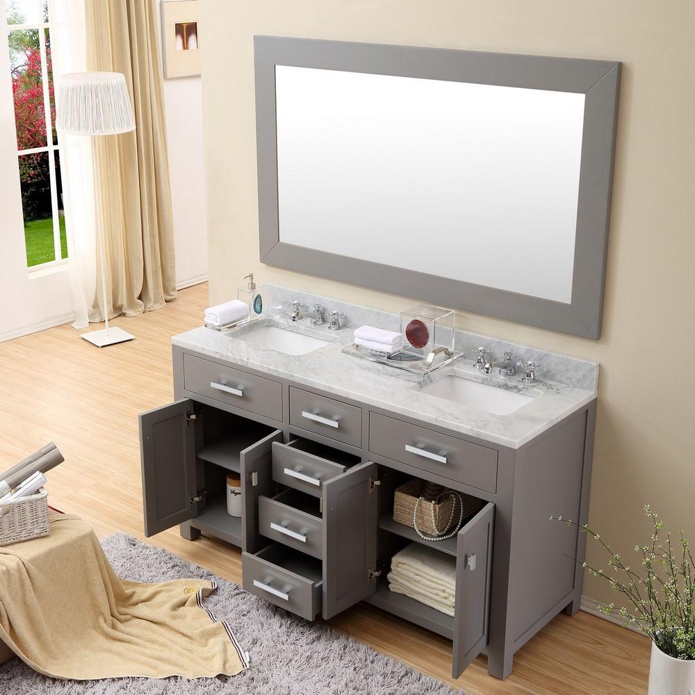 Madison 60" Cashmere Grey Double Sink Vanity With Framed Mirror And Faucet Vanity Water Creation 