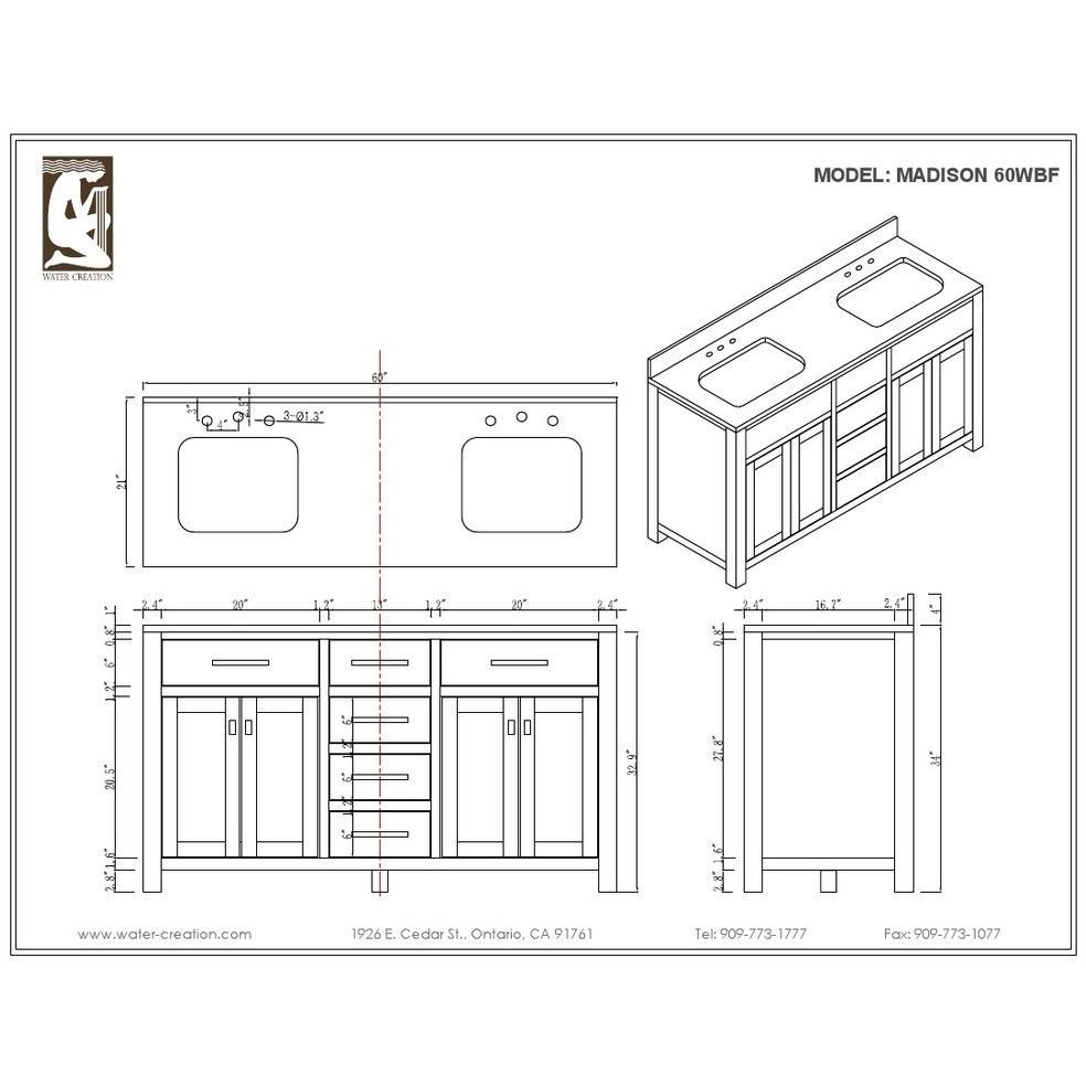 Madison 60" Solid White Double Sink Vanity With Framed Mirror And Faucet Vanity Water Creation 