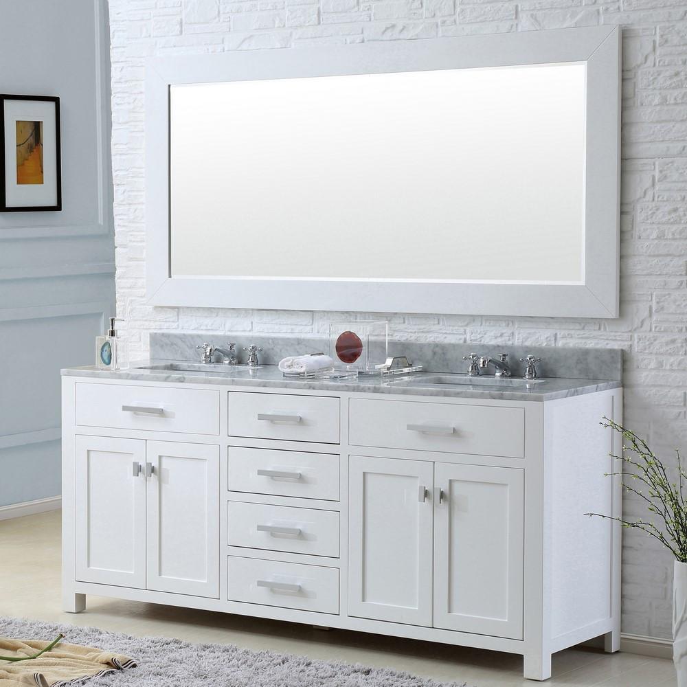 Madison 72" Solid White Double Sink Bathroom Vanity With Large Framed Mirror Vanity Water Creation 