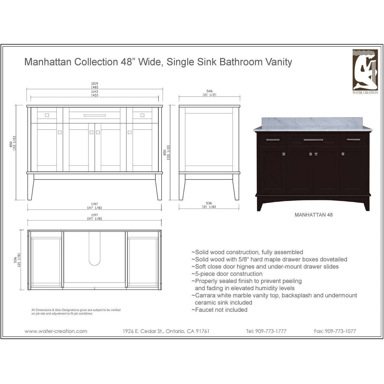 Manhattan 48" Dark Espresso Single Sink Bathroom Vanity Only Vanity Water Creation 