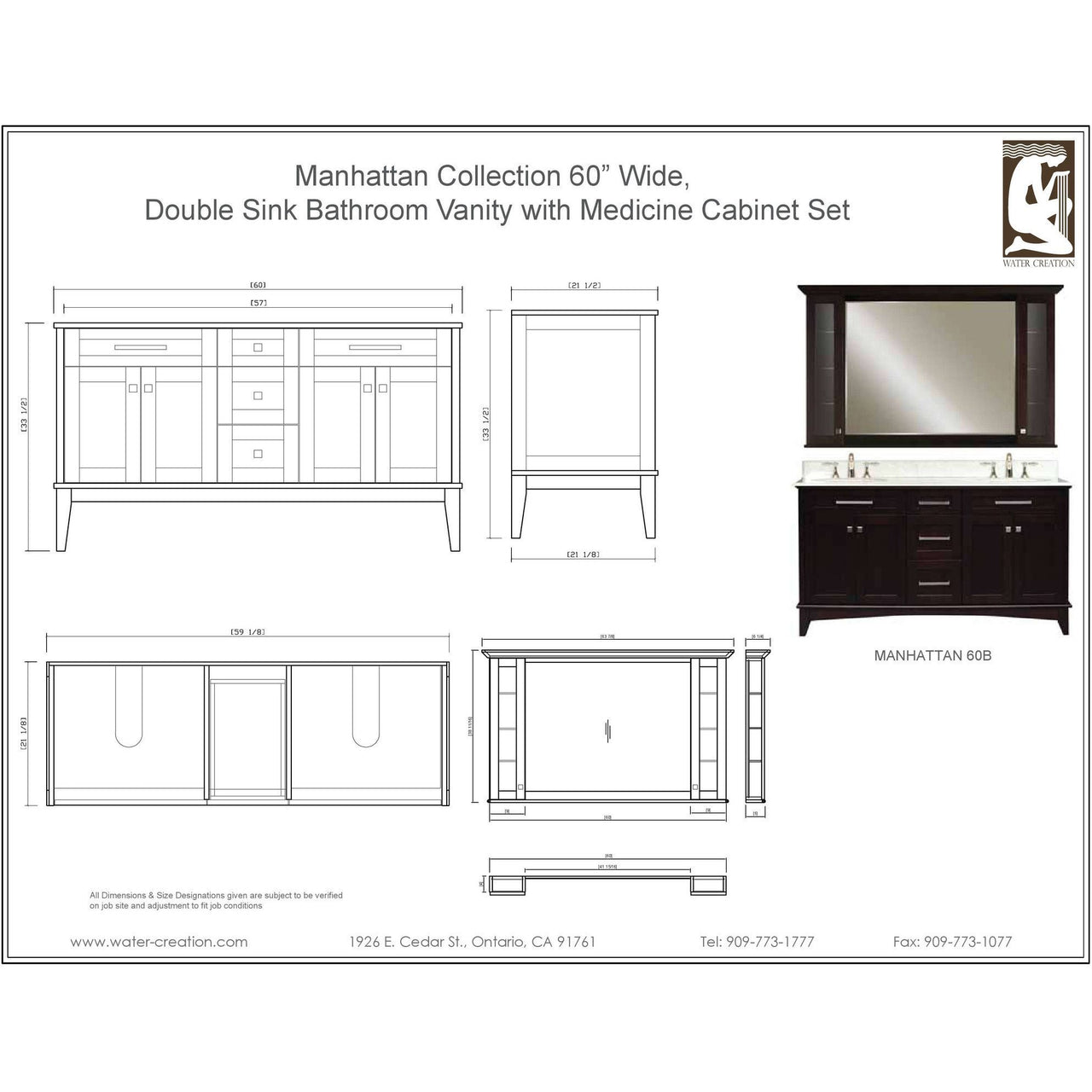 Manhattan 60" Dark Espresso Double Sink And Manhattan-MC-6036 Medicine Cabinet Vanity Water Creation 