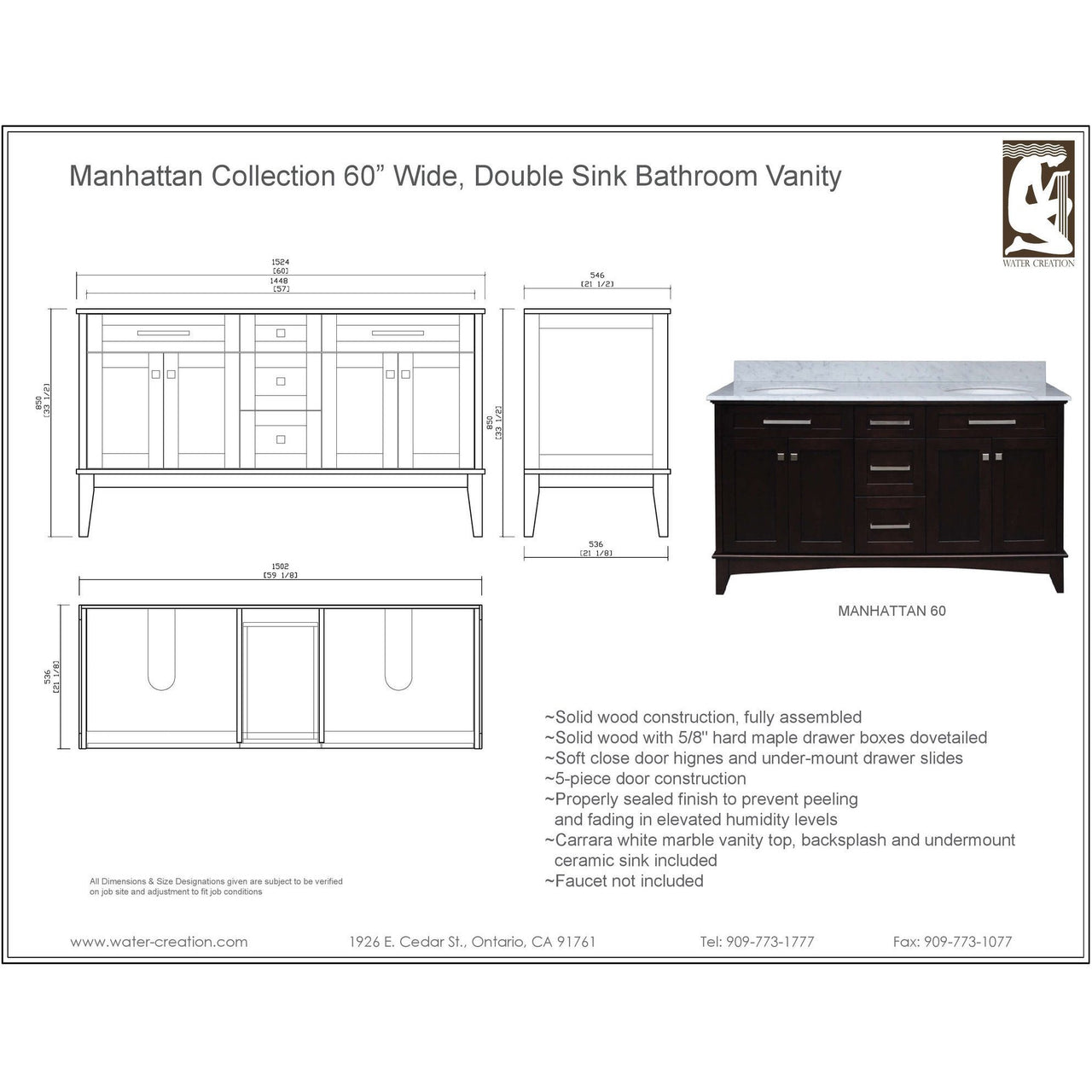 Manhattan 60" Dark Espresso Double Sink Bathroom Vanity Only Vanity Water Creation 