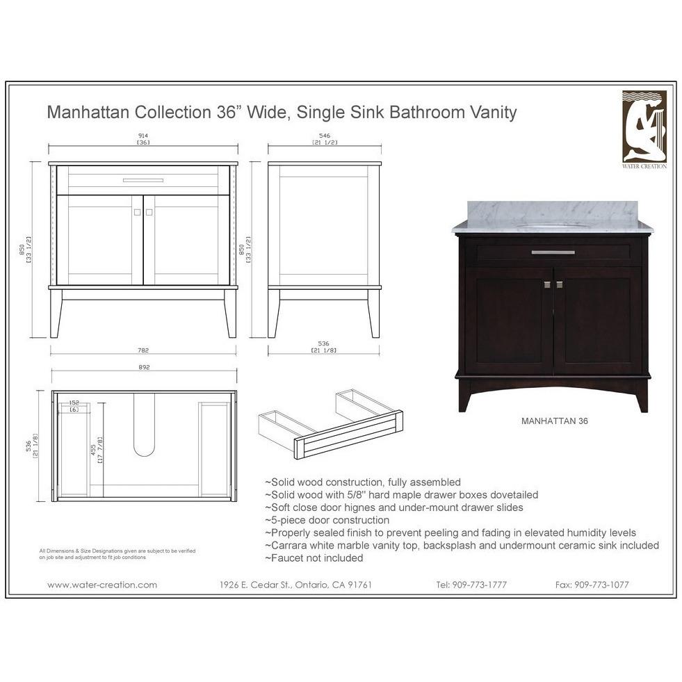 Manhattan 36" Dark Espresso Single Sink Bathroom Vanity Only Vanity Water Creation 