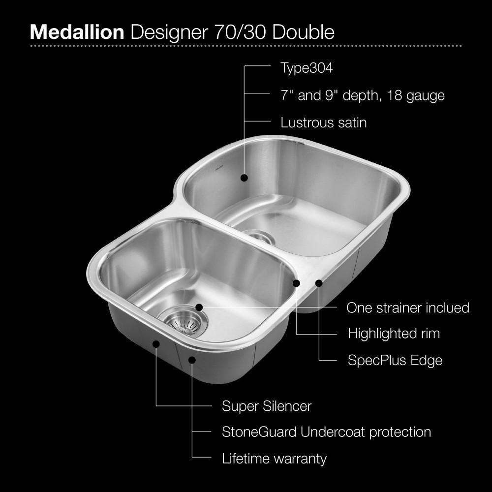 Houzer Medallion Designer Series Undermount Stainless Steel 70/30 Double Bowl Kitchen Sink, Small Bowl Left Kitchen Sink - Undermount Houzer 