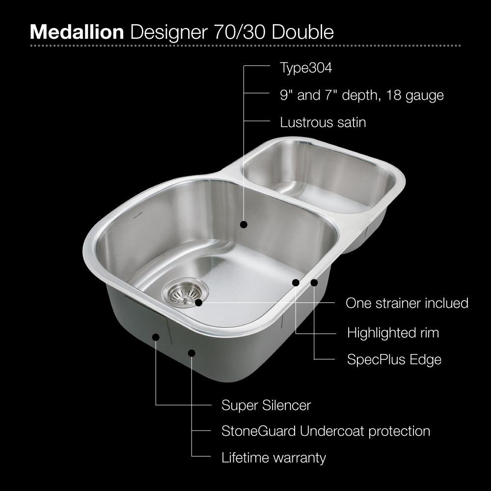Houzer Medallion Designer Series Undermount Stainless Steel 70/30 Double Bowl Kitchen Sink, Small Bowl Right Kitchen Sink - Undermount Houzer 