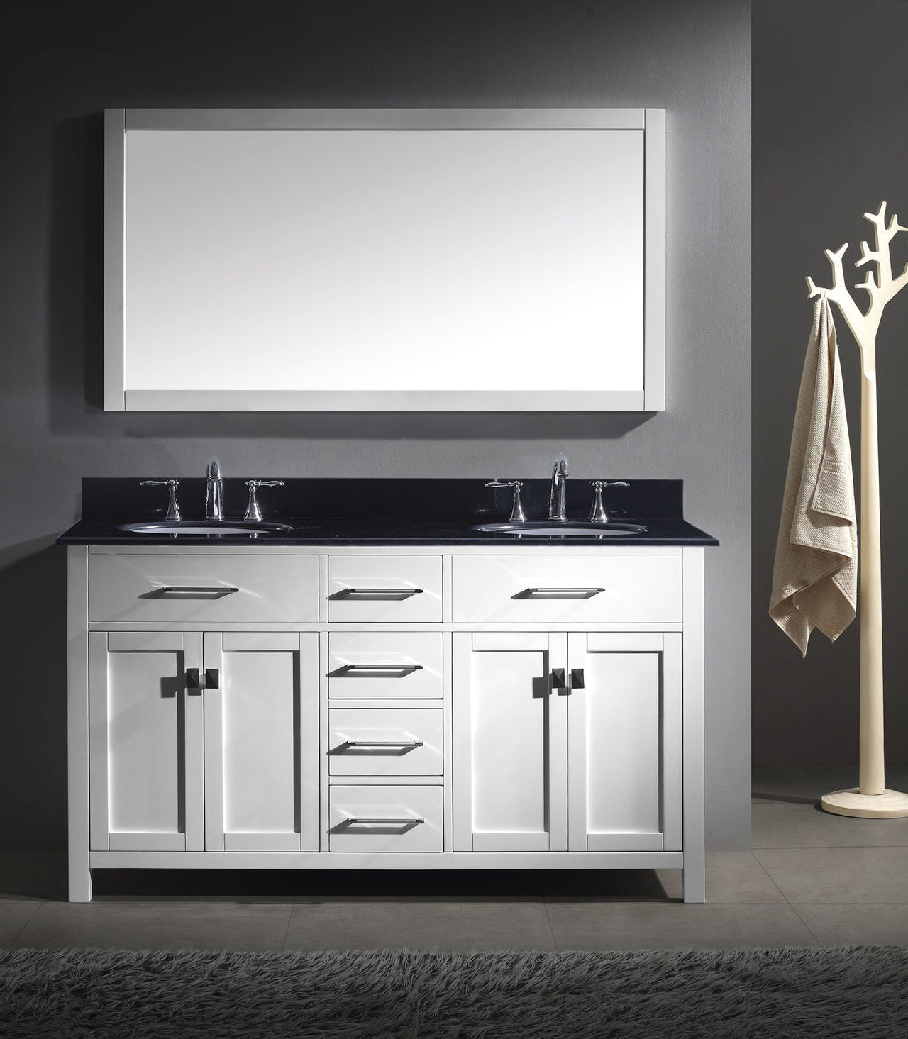 Virtu USA Caroline 60" Double Round Sink White Top Vanity in White with Mirror Vanity Virtu USA 