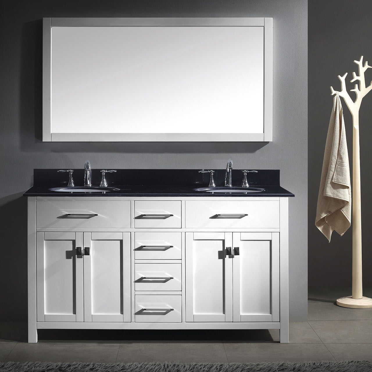Virtu USA Caroline 60" Double Round Sink White Top Vanity in White with Mirror Vanity Virtu USA 