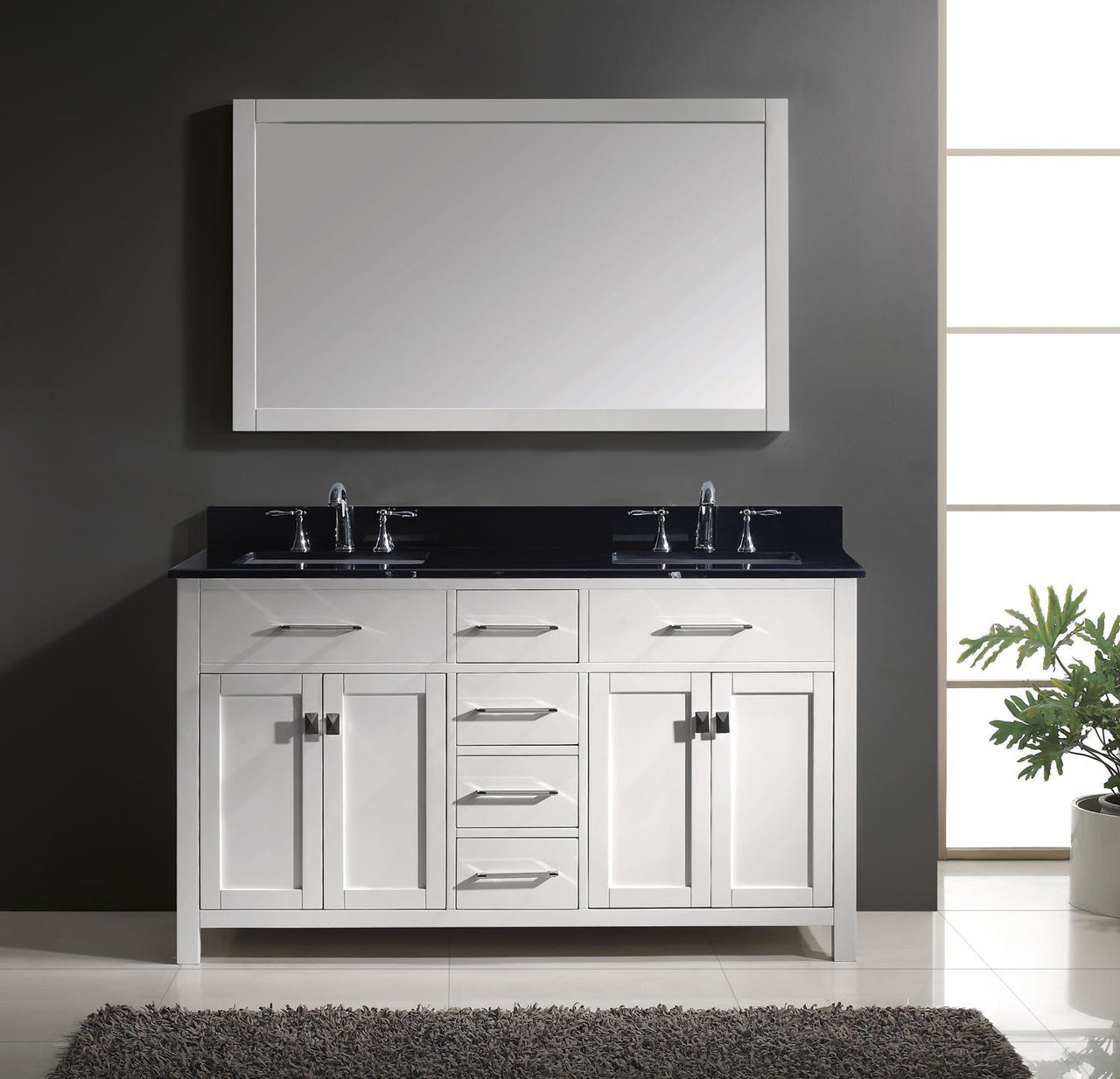 Virtu USA Caroline 60" Double Square Sink White Top Vanity in White with Mirror Vanity Virtu USA 