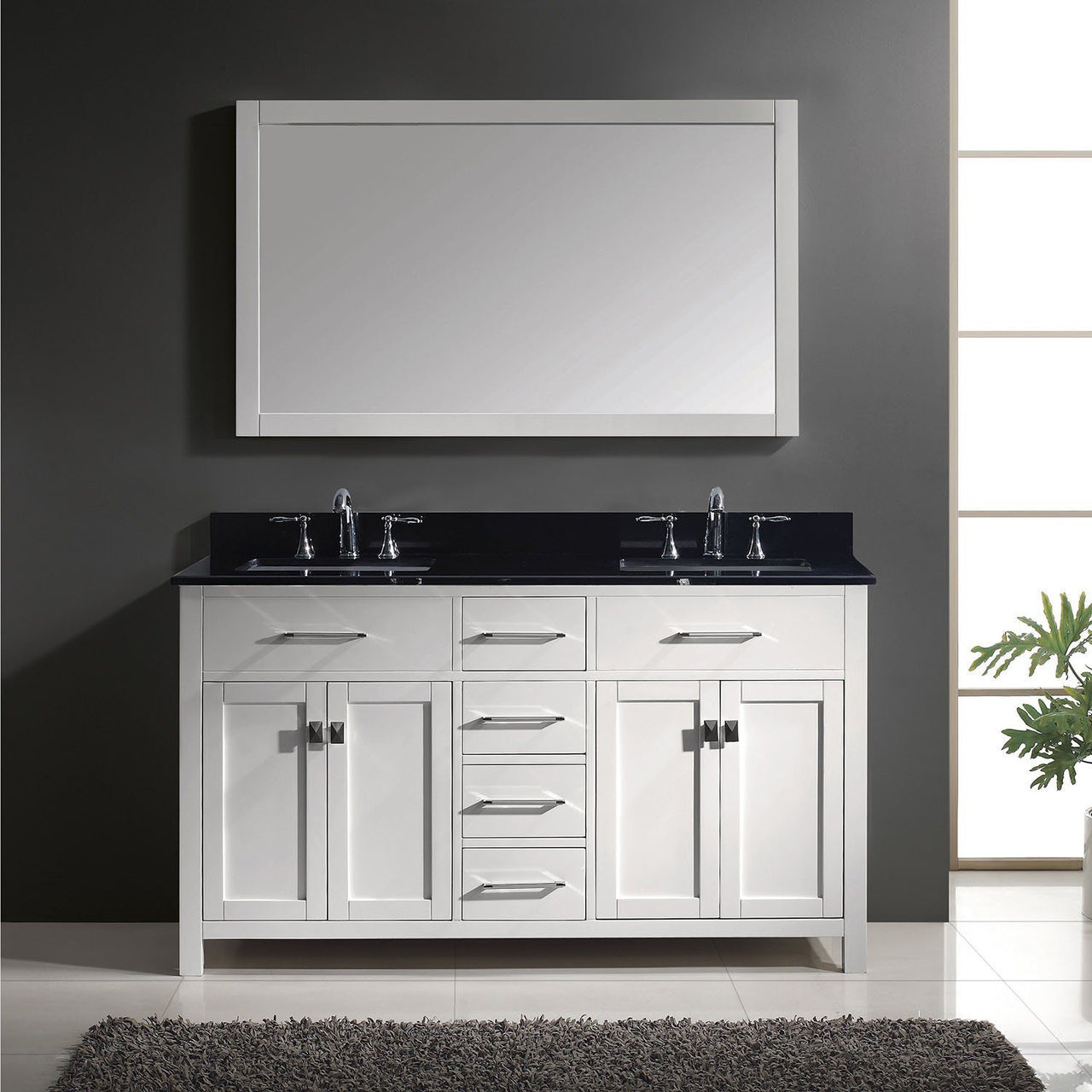 Virtu USA Caroline 60" Double Square Sink White Top Vanity in White with Mirror Vanity Virtu USA 