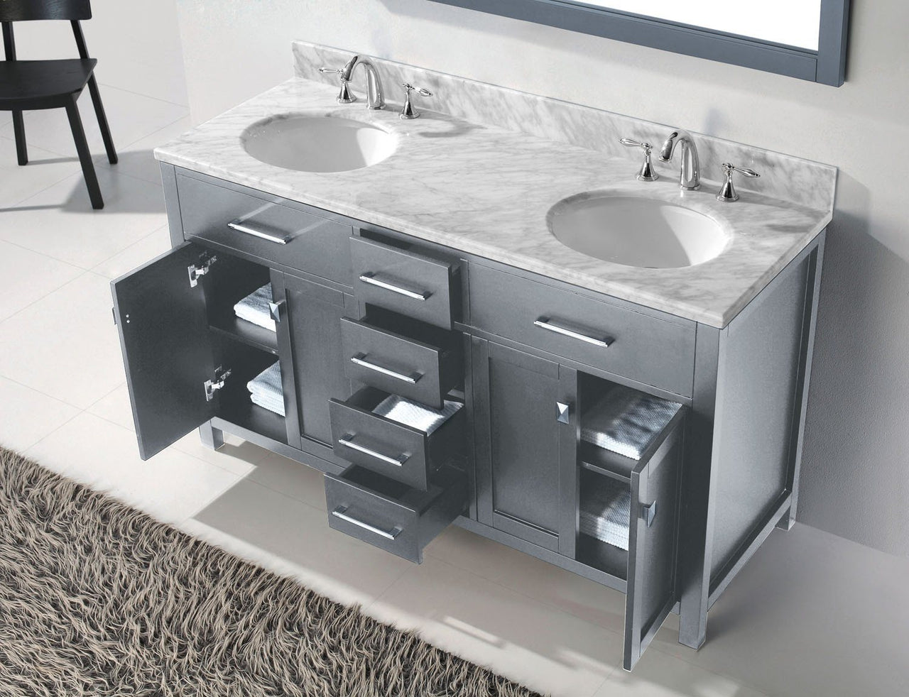 Virtu USA Caroline 60" Double Round Sink Grey Top Vanity in Grey with Mirror Vanity Virtu USA 