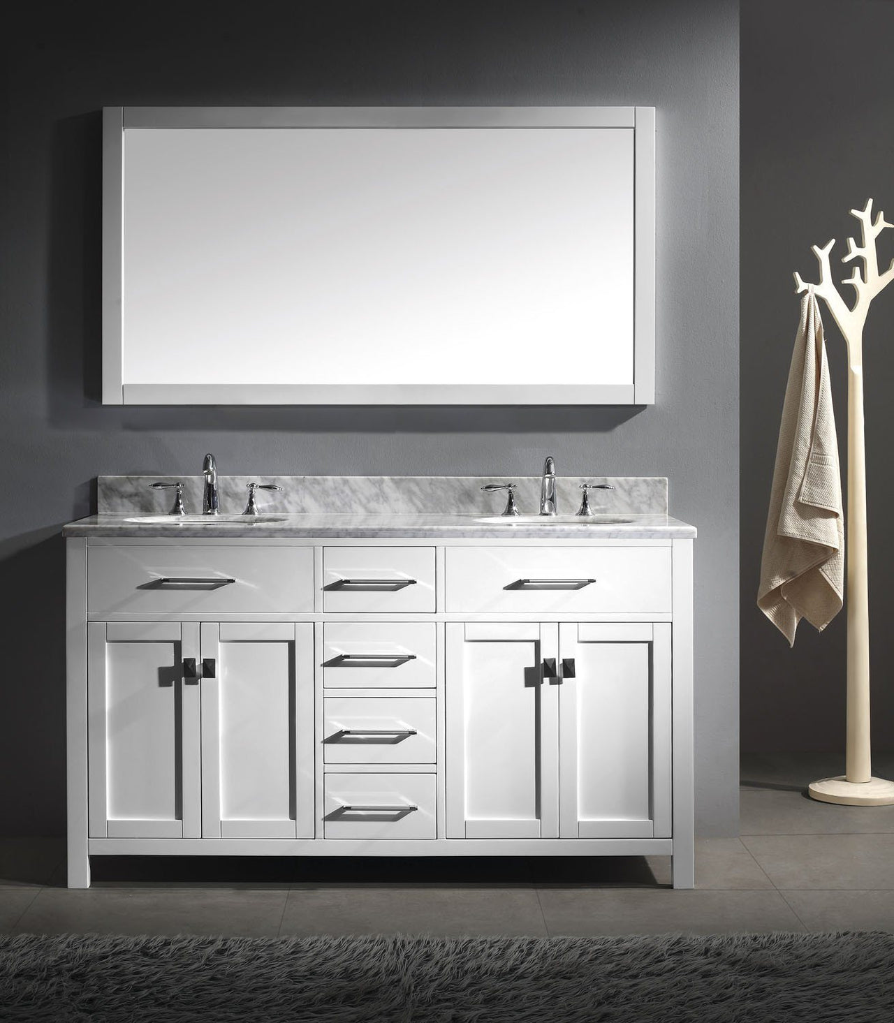 Virtu USA Caroline 60" Double Round Sink White Top Vanity in White with Mirror Vanity Virtu USA 