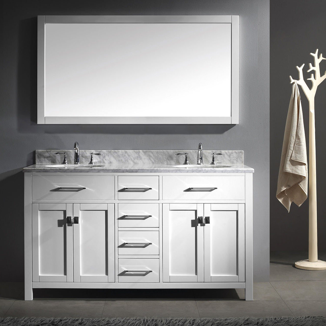 Virtu USA Caroline 60" Double Round Sink White Top Vanity in White with Mirror Vanity Virtu USA 